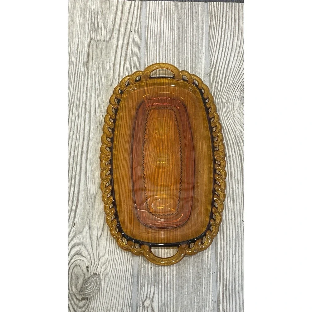 Vintage Kings Crown Thumbprint Cream & Sugar Set with Tray Indiana Amber Glass